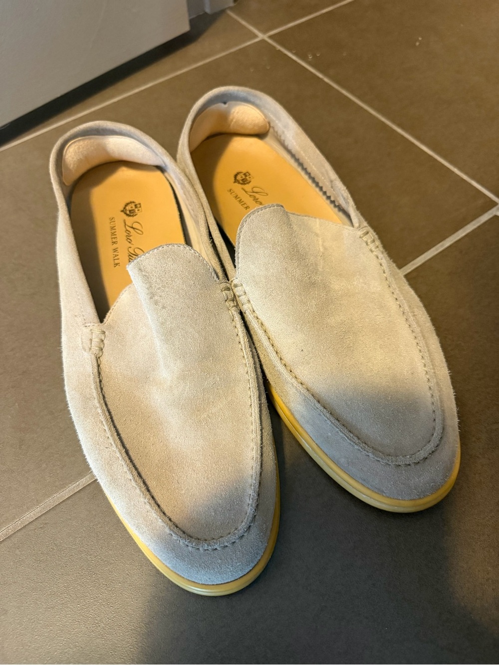 Loro Piana Light Gray Suede Loafers with Yellow Sole Trim